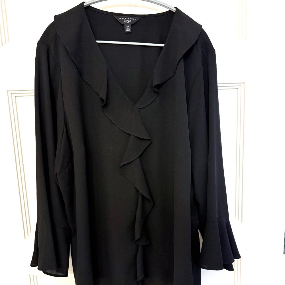 Size 2X - Black Ruffle Blouse, 3/4 Sleeve